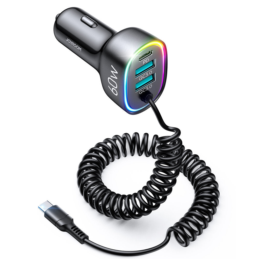 JoyRoom - Car Charger - 2x USB, Type-C, RGB Lights, Fast Charging, 60W, with Cable Type-C - Black