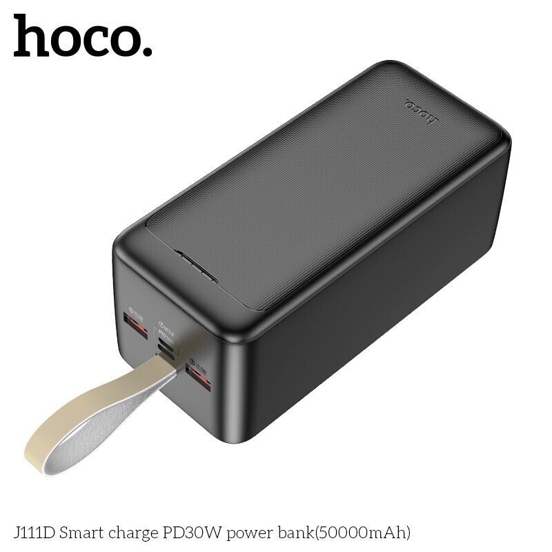 Hoco - Power Bank Smart - 2x USB, Type-C, Micro-USB, PD30W, with LED for Battery Check and Lanyard, 50000mAh - Black